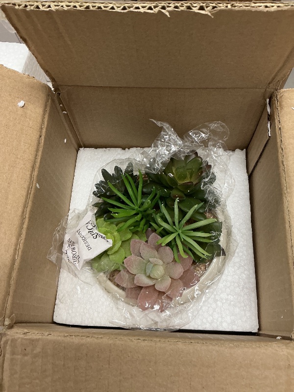 View 2 of MyGift 6 Inch Round Modern Artificial Succulent Arrangement Potted in White Ceramic Plant Bowl, Assorted Faux Mini Succulents in a Decorative Planter Pot