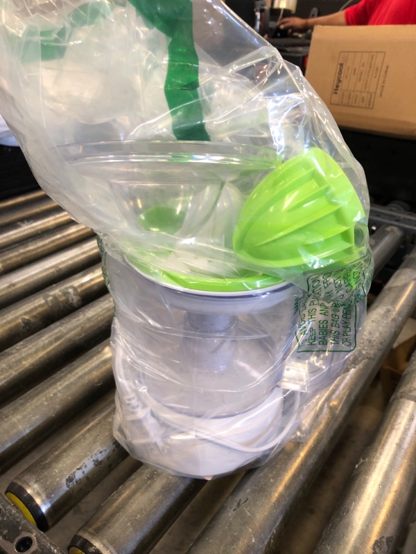 Photo 1 of Proctor Silex Electric Citrus Juicer Machine, Large 34 oz. Pitcher, Pressure Activated, 2 Reamers for Big and Small Fruit, Pulp Control, for Orange, Lemon, Grapefruit Juice, White & Green (66340)