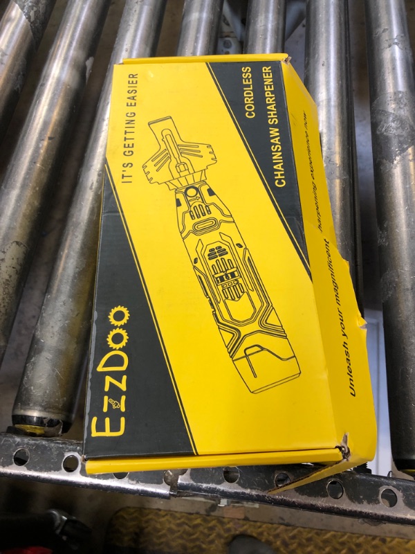 Photo 1 of EzzDoo Electric Cordless Chainsaw Sharpener Kit - Portable 12V Chain Saw Sharpener Tool with 6 Titanium-Plated Diamond Bits(Wheels) & Angle Guide - Easy to Use for All Chainsaw Chains.