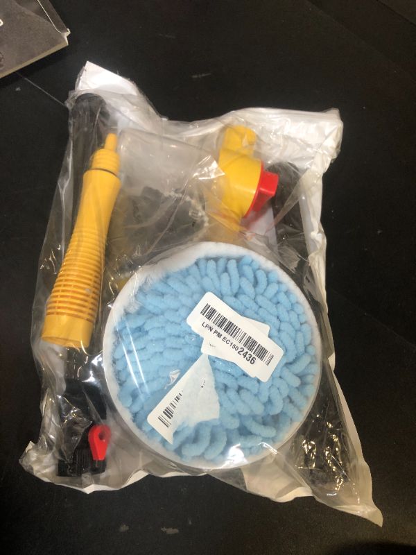Photo 1 of Rotating Car Wash Brush with Soap Dispenser & Hose Attachment Soft Bristle Car Spin Mop Washing Scrub Brush with Long Handle Water Flow Through High Pressure Car Cleaning Brush Kit Car Wash Hose