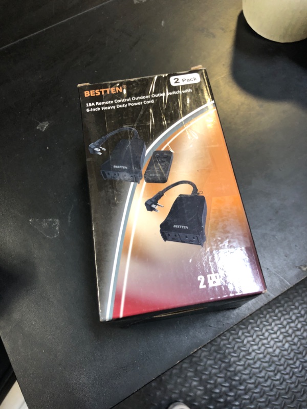 Photo 1 of BESTTEN 2 Pack Outdoor Wireless Remote Control Outlet, 80 Foot Range, Plug in Switch with 2 Grounded Electrical Outlets for Christmas Lights and Patio Fountain, Black