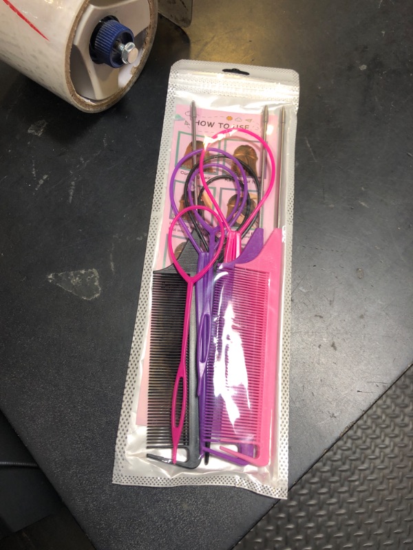 Photo 1 of Luumxai 9pcs Topsy Hair Tail Tool and rat tail comb set,6pcs French Braiding Tool ring,3Pcs Metal Parting Combs,Woman Girl Hair Styling (Pink,Purple, Black)