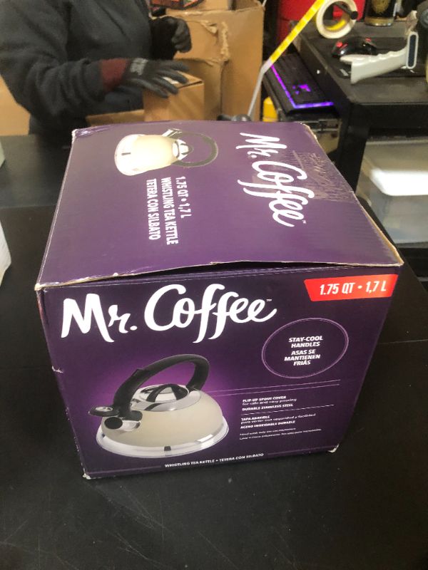 Photo 1 of Mr. Coffee Flintshire Stainless Steel Whistling Tea Kettle w/Nylon Handle, 1.75-Quart, Linen