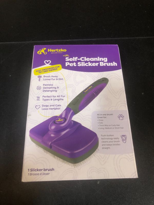 Photo 1 of Hertzko Self Cleaning Slicker Brush for Dogs and Cats - Pet Hair Brush for Shedding Long and Short Hair - Easy Clean Retractable Bristles - Cat and Dog Grooming Tool - Purple