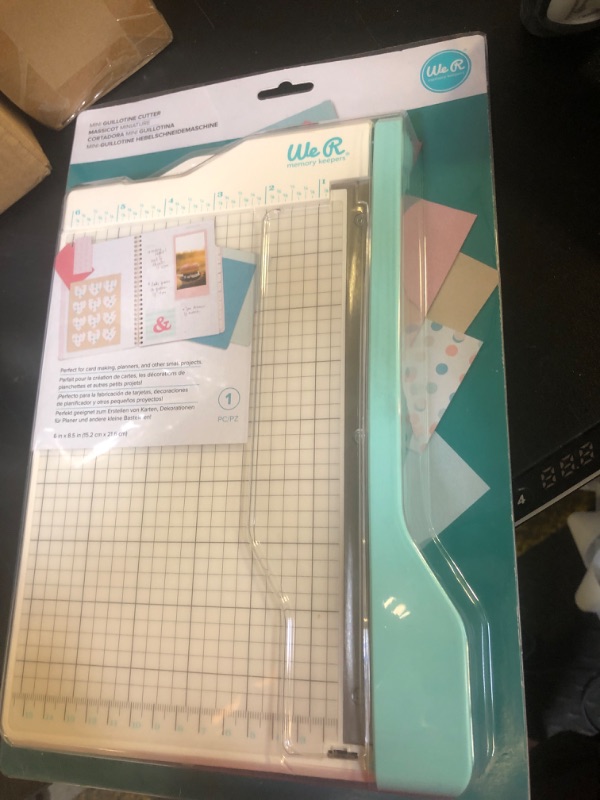 Photo 1 of We R Memory Keepers Mini Guillotine Paper Trimmer – Blue, Compact Paper Cutter, 1/4-Inch Grid for Precision Cutting, Cuts Up to 3 Sheets, Perfect for Card Making, Journals, and Small Craft Projects