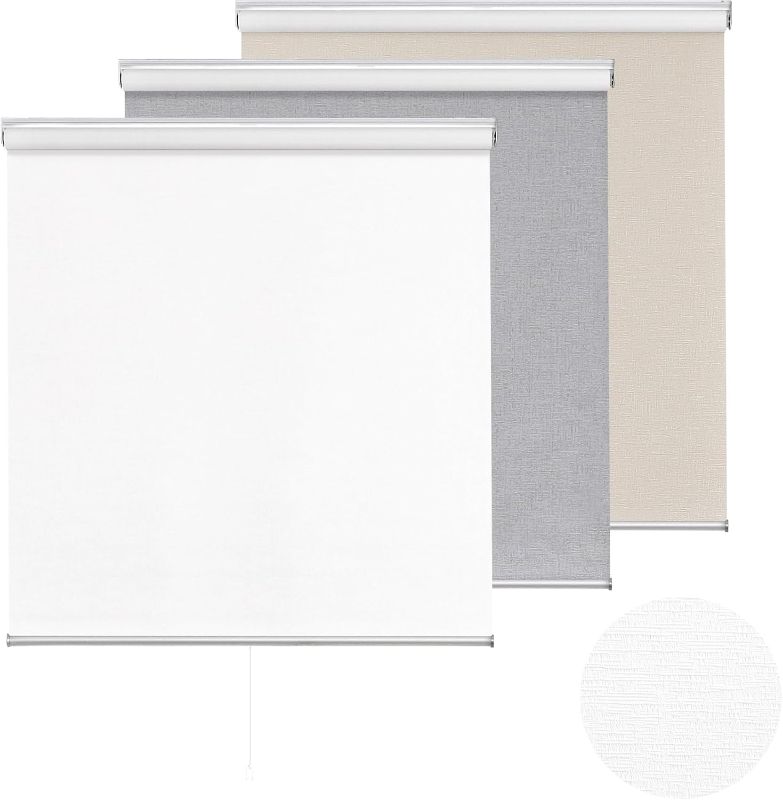 Photo 1 of ChrisDowa Cordless 100% Blackout Roller Shade, with Striped Jacquard, Thermal Insulated, UV Protection Fabric, Total Blackout Blinds for Window, French Doors, Home and Office. White, 40" W x 72" H
