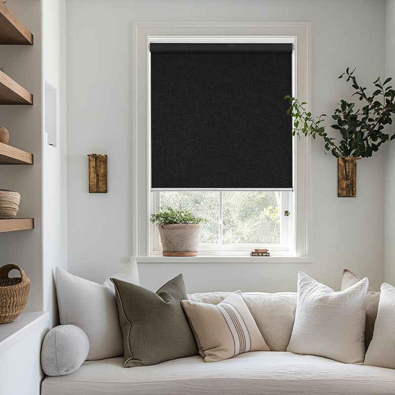 Photo 1 of ChrisDowa Cordless Blackout Roller Shade with Spring System Room Darkening UV Protection Jacquard Fabric Blackout Blinds for Indoor Window Shades Pull Down for Home and Office, Black, 40" W x 72" H
