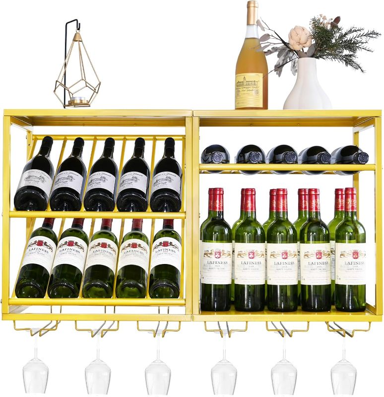 Photo 1 of PY Wall Mounted Wine Rack - 20 Bottles Gold Wall Wine Rrack with 6 Glass Holder, Modern Metal Frame Wine Storage Display Shelf Space-Saving Design for Home Room Bar Dining