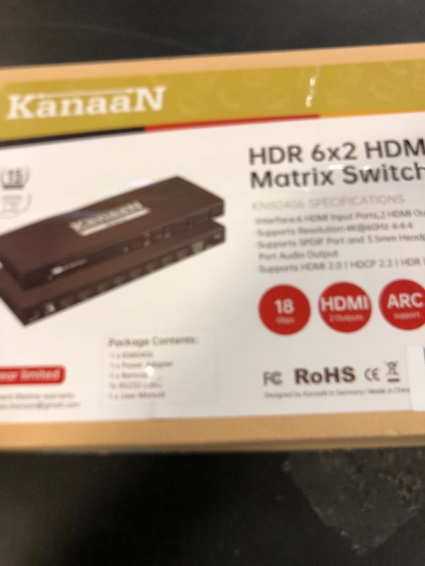 Photo 1 of 4K HDMI Matrix Switch/Splitter 6x2 - KanaaN (6-Input, 2-Output) HDMI Video Matrix with IR Remote, Supports 4K@60Hz 4:4:4, HDR, RS232, ARC, Optical SPDIF 3.5mm Audio Extractor, EDID, HDCP 2.2, 18Gbps