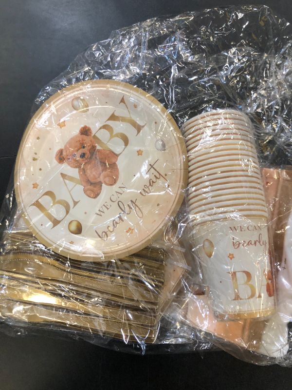 Photo 1 of Bear Baby Shower Decorations for Boy-142Pcs We Can Bearly Wait Tableware,Brown Bear Theme Plates and Napkins Set Serves 20 Guests,Bear Baby Shower Birthday Party Supplies