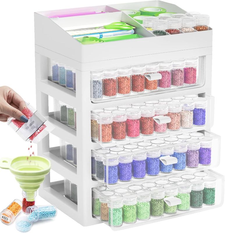 Photo 1 of ARTDOT Storage Containers for Diamond Painting Accessories, Art Bead Organizer 4 Drawers with 192 Slots Storage Bottles and Diamond Painting Tools and Kits Rack with Funnel
