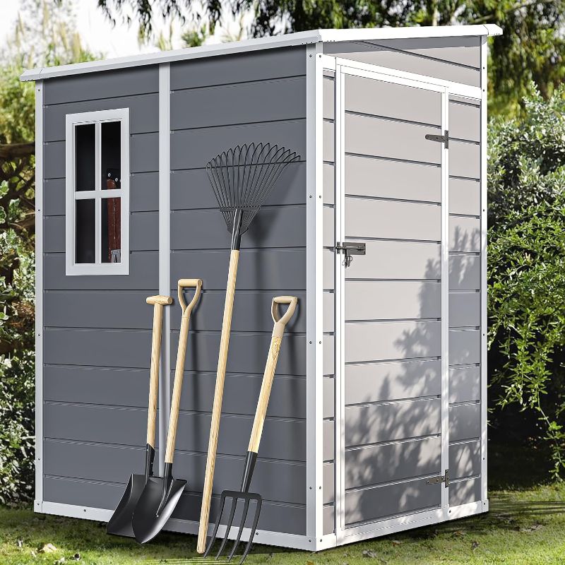Photo 1 of DWVO 5x4 FT Outdoor Storage Shed with Reinforced Floor, All-Weather Resin Storage Shed with Lockable Door & Window, Waterproof Plastic Tool Storage for Garden, Backyard, Patio, Lawn