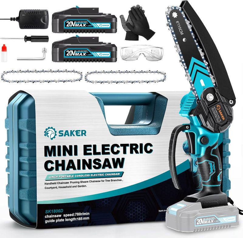 Photo 1 of Saker Mini Chainsaw,6 Inch Portable Electric Chainsaw Cordless, Small Handheld Chain saw for Tree Branches,Courtyard, Household and Garden,Father's Day Gift for Men Dad Husband Women

