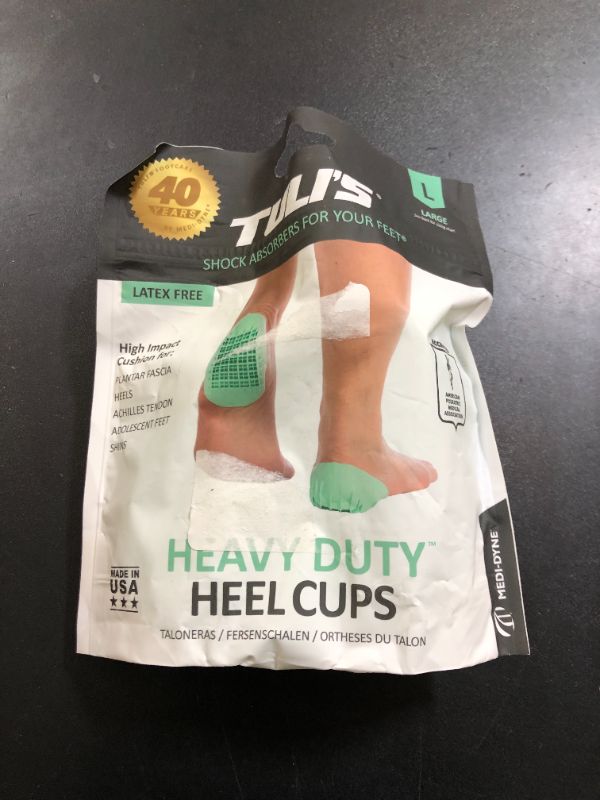 Photo 1 of Tuli's Heavy Duty Heel Cups, Cushion Insert for Shock Absorption, Plantar Fasciitis, Sever’s Disease and Heel Pain, Made in the USA, Large, 1 Pair