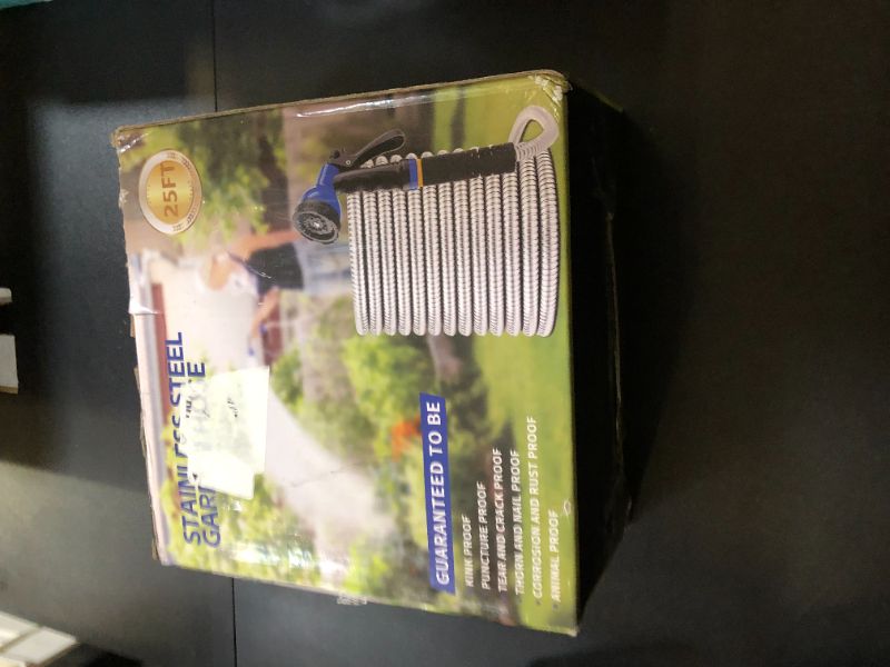 Photo 1 of Garden Hose 25 ft, Stainless Steel Metal Water Hose with 10 Function Nozzle, Lightweight Hose, No Kink, Leak-proof, Puncture Resistant for Yard, Outdoor, RV