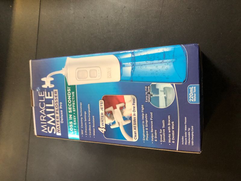 Photo 1 of Ontel Miracle Smile Water Flosser for Teeth&Gum Health, Unique H-Shaped Flossing Head&4 Water Jets, Cordless Water Flosser Features 360° Cleaning&3 Pressure Modes, USB Rechargeable Dental Floss, White