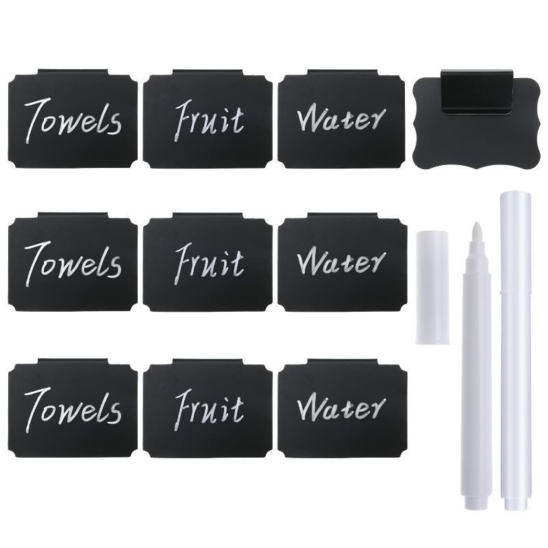 Photo 1 of 10 Plastic Basket Bin Label Clip on Removable Basket Label Kitchen Pantry Basket Label Clip with White Chalk Markers for Storage Bin Basket Box Hanging Bin Clip Label (10)