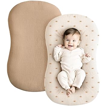 Photo 1 of Konssy Muslin Baby Lounger Cover 2 Pack, 100% Cotton Newborn Lounger Cover, Soft and Breathable Baby Nest Slipcover for Boys Girls (Camel,Sun)
