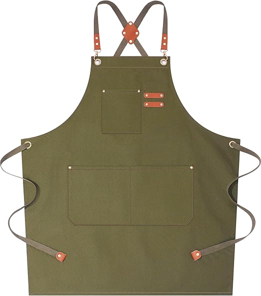 Photo 1 of AFUN Chef Aprons for Women Men with Large Pockets, Cotton Canvas Cross Back Water Repellent Work Apron, Size M to XXL (Green)