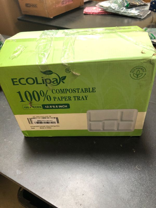 Photo 1 of ECOLipak 100% Compostable 5 Compartment Plates, 100 Pack Disposable Compartment Paper Plates, 12.5 * 8.6 inch Biodegradable Sugarcane Plates, Eco-Friendly School Lunch Trays