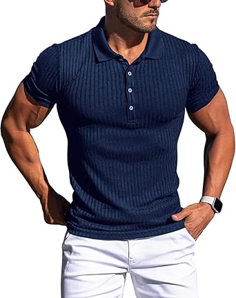 Photo 1 of  Medium* Collared Muscle Polo Shirts Men Slim Fit Textured Knit Polo Shirts Short Sleeve Button Down Shirts Casual Stylish Blue