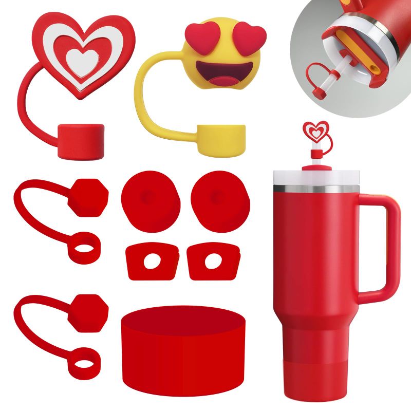 Photo 1 of 2 - HYZ 8 Piece Accessories for Stanley Cup, Silicone Spill Proof Stopper Set and Protective Boot Including Straw Cover Cap for Stanley H2.0 20oz 30oz 40oz Tumbler, Fuchsia AND RED