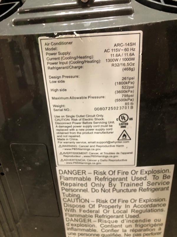 Photo 1 of **PARTS ONLY**Whynter Portable Air Conditioner 14,000 BTU & Heater with Dual Hose Dehumidifier & Cooling Fan for 500 Sq Ft Rooms, Includes AC Unit Window Kit, ARC-14SH (9,200 SACC)
