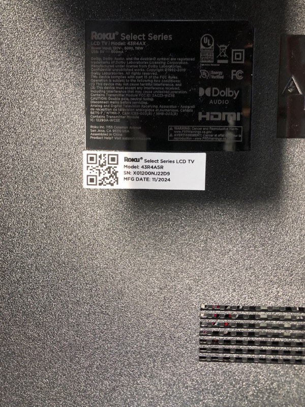 Photo 1 of ***DAMAGED SCREEN***Roku Smart TV – 43-Inch Select Series 4K HDR RokuTV with Roku Enhanced Voice Remote, Brilliant 4K Picture, Automatic Brightness, & Seamless Streaming – Live Local News, Sports, Family Entertainment