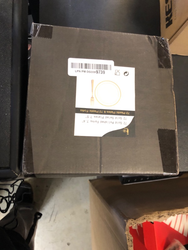 Photo 1 of I00000 72 Pcs Heavy Weight Plastic Plates, 7.5" - Gold Rimmed Dessert & Appetizer Plates for Parties & Thanksgiving, Includes 72 Gold Plastic Forks