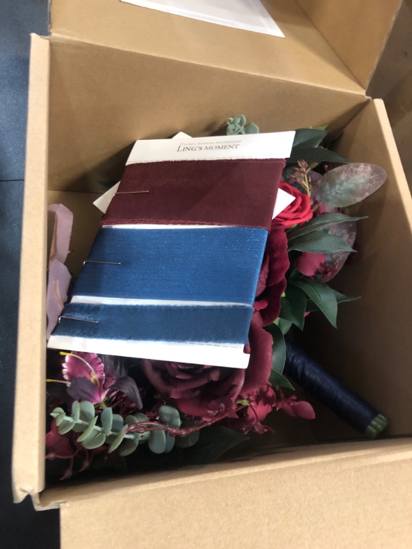Photo 1 of Ling's Moment Burgundy Navy Blue Wedding Bouquets for Bride, Jewel Tone Bridal Bouquets for Bride, 13 Inch Free Form Artificial Wedding Flower Bouquet