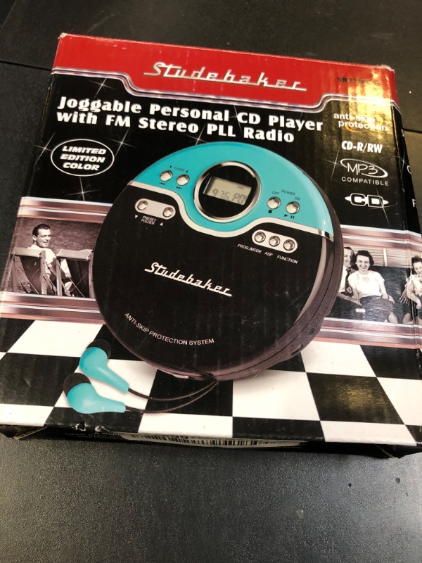 Photo 1 of Studebaker Retro Portable CD Player | CD-R/RW MP3 Playback | Programmable Personal CD Player | Anti-Skip | FM Radio | Mega Bass Boost | Sport Earbuds (Vintage Turquoise)