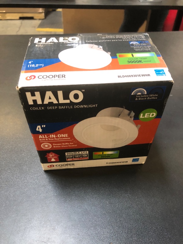 Photo 1 of HALO RL 4 in. White Integrated LED Recessed Ceiling Light Retrofit Trim at 3000K Soft White, Deep Baffle for Low Glare