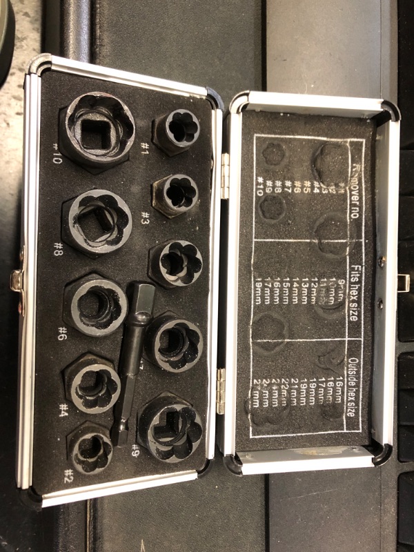 Photo 1 of PANOVOS 10Pcs Bolt Extractor Damaged Nut Remover Set,Broken Screw Nut Bolt Extractor Kit Stud Extractor Locking Socket Tools Kit,Drive Socket with Storage Case 9-19mm