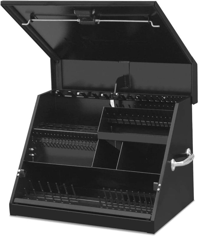 Photo 1 of Montezuma – SE250B – 26-Inch Portable TRIANGLE Toolbox – Multi-Tier Design – Heavy-Duty Steel Construction – SAE and Metric Storage Chest – Weather-Resistant Toolbox – Lock and Latching System, Black
