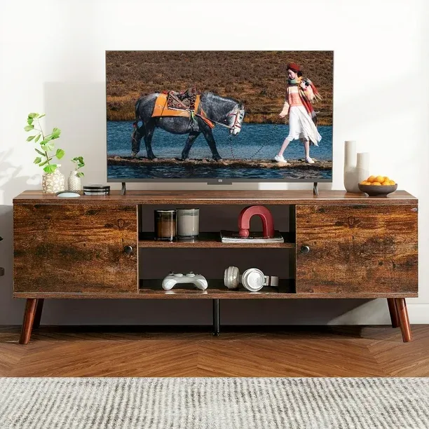 Photo 1 of Yangming TV Stand for 55 60 inch TV, Modern Mid Century Entertainment Center with Storage, Brown