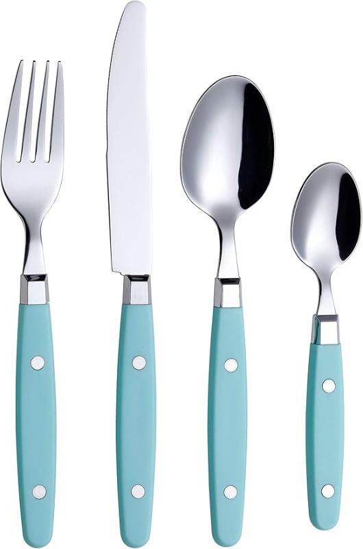 Photo 1 of ANNOVA Silverware Set 24 Pieces Stainless Steel Cutlery Color Handle With Rivet/Retro Style Flatware - 6 x Dinner Knife, 6 x Dinner Fork, 6 x Dinner Spoon, 6 x Dessert Spoon (Turquoise, 24 Pieces)
