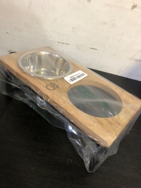 Photo 2 of Mango Wood Dog Bowl Stand - Elevated Pet Feeder with 2 Stainless Steel Bowls - Raised Food and Water Dish Set for Dogs and Cats, Available in 4 Sizes, Height-Adjustable Pet Dining Station, Small/10oz