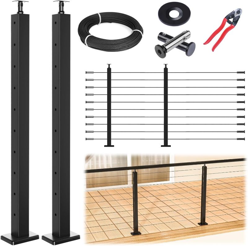 Photo 1 of Muzata 5ft-10ft Complete Set 36" Cable Railing Post Kit Include 2Pack Black Posts PS01, 150ft Wire Rope, Swageless Cable Railing System DIY Kit (No Handrail) RWS1 BH4S
