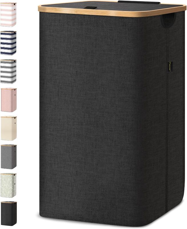 Photo 1 of  Laundry Hamper with Lid, Tall Laundry Baskets with Bamboo Pull Handles, Large Laundry Bin with Internal Support (26 Gal/100L, Black)