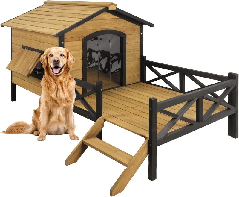 Photo 1 of Large Outdoor Dog House, 67" L × 43.3''W × 32.7''H Extreme Outback Log Cabin Dog Kennel with Elevated Floor and Porch, Weatherproof Wooden Dog Houses Pet Puppy Shelter for Small to Large Dogs