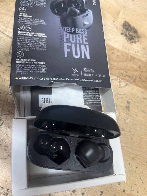 Photo 1 of ************MISSING LEFT HEADPHONE**************
JBL Vibe Beam - True Wireless JBL Deep Bass Sound Earbuds, Bluetooth 5.2, Water & Dust Resistant, Hands-free call with VoiceAware, Up to 32 hours of battery life (Black)
