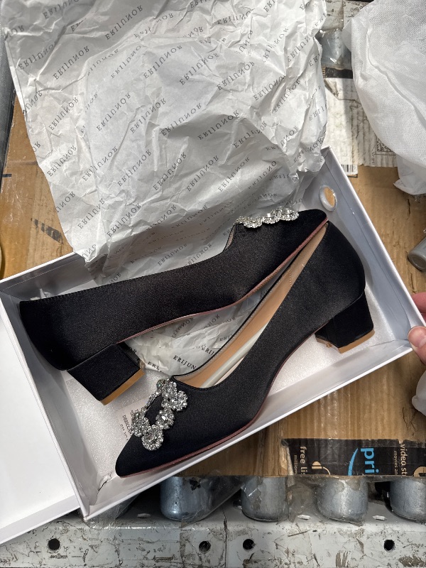 Photo 1 of (SIZE 7) (ERIJUNOR E2233 Women Comfort Chunky Low Heel Closed Toe Rhinestone Wedding Evening Satin Shoes Black Size 7