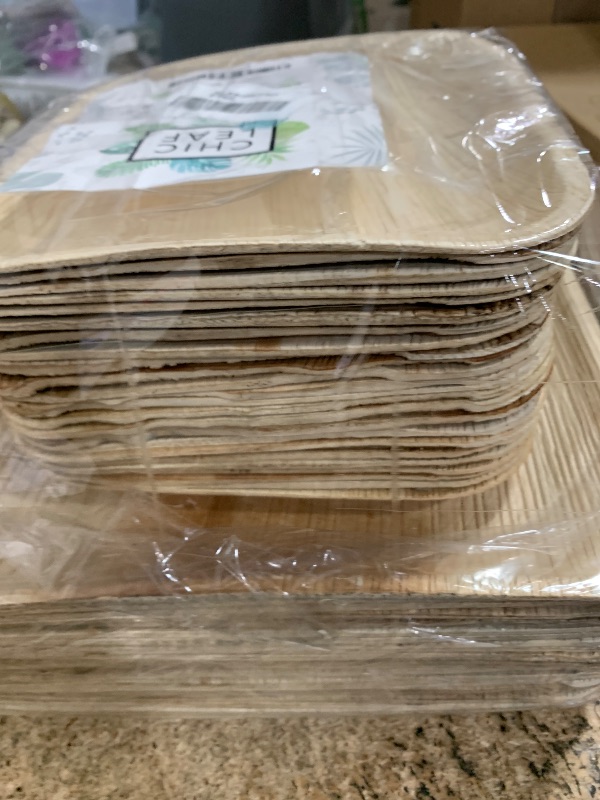 Photo 1 of (PARTIAL SET) (USED/FAIR) Chic Leaf Compostable & Biodegradable Palm Leaf Disposable Bamboo Plates for 4th of July- Disposable Party Plates for Appetizers - Camping Essentials - Reusable Party Supplies (10 & 7 Inch Square)