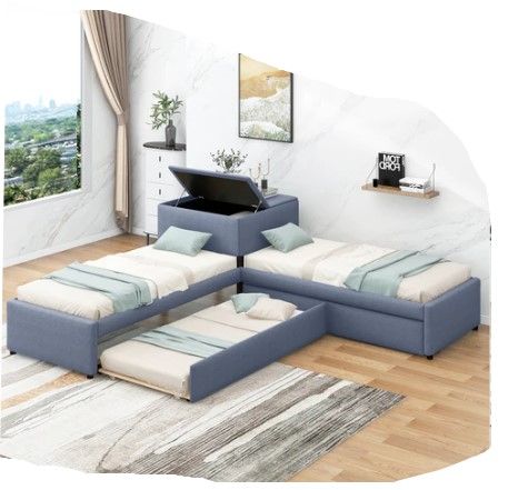 Photo 1 of ****************THIS IS ONLY BOX 1 OUT OF 2**********\
L Shaped Upholstered Platform Bed With Trundle And Two Drawers Linked With Built In Desk,Twin,Gray Gray Linen