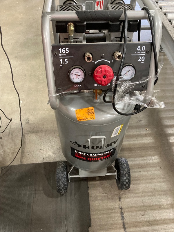 Photo 1 of ************DAMAGED INTERNAL PISTON****************
Husky 20 Gal.165 PSI Vertical Electric Oil-Free Quiet Auto/Workshop Air Compressor with Dual Gauges and 2-Quick Couplers