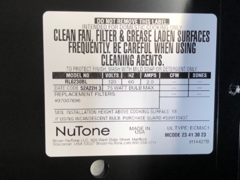 Photo 1 of ***DAMAGED - INCOMPLETE - SEE PICTURES***
NuTone® 30" Ductless Under-Cabinet Range Hood w/ Light, Black