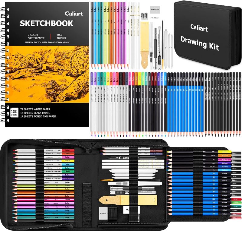 Photo 1 of 
Caliart 176PCS Art Supplies Sketching Kit with 100 Sheets 3-Color Sketch Book, Graphite Colored Charcoal Watercolor & Metallic Pencils, School Supplies...
