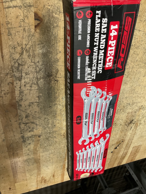 Photo 1 of 12-Piece Flare Nut Wrench Set with 2-Piece PTFE Tape, Metric & SAE Brake Line Wrench Offset 1/4"-7/8"& 9-21mm Set Double Open End with Organizer Pouch for Repairing and Removing Nuts (14 Pack)