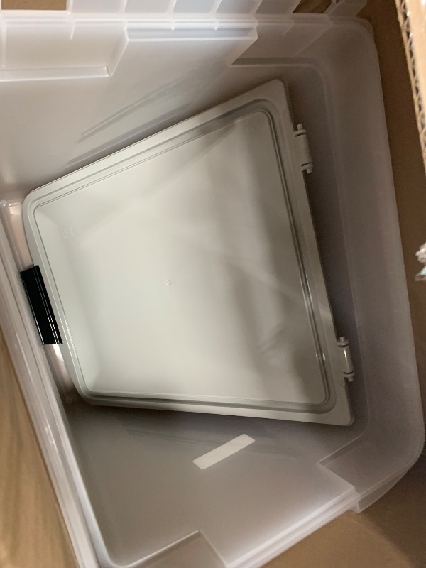 Photo 1 of *Missing wheels* IRIS USA Airtight Dog Food Storage Container, WeatherPro, Up to 50 lbs, Removable Wheels, for Dog Cat Bird and Other Pet Food Storage Bin, Keep Fresh, Translucent Body, Made in USA, Clear/Gray
