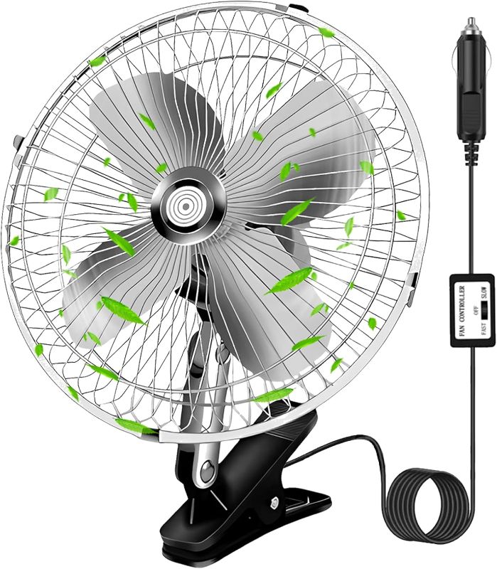 Photo 1 of 10-Inch Silver Cigarette Lighter Fan, Two-Speed Adjustment Golf Cart Fan, 360-Degree Rotation Truck Fan, Clip-On Design 12 Volt Fan, Perfect for Cars, Trucks, RVs and More
